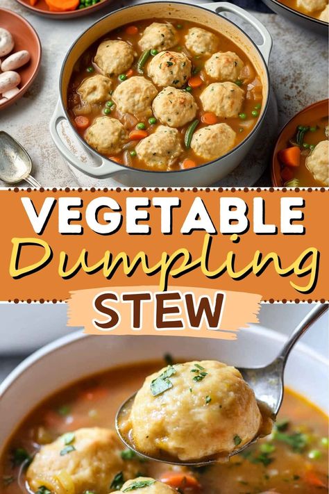 This hearty vegetable stew with fluffy dumplings is cozy, comforting, and packed with flavor. It's just what you need to warm up on chilly days! Vegetarian Stew And Dumplings, Vegtable Stew, Vegetable Dumpling Soup, Dumpling Stew, Stew Dumplings, Fluffy Dumplings, 1 Pot Meals, Vegetable Stew Recipe, Easy Dumplings