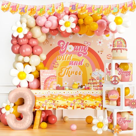 PRICES MAY VARY. 【GROOVY BRIGHT 3RD BIG DAY】🌼 Celebrate this wonderful day with a trendy and cute party! Orange and pink, with lovely daisy create a warm atmosphere. This boho decoration is perfect for your little sweetie’s 3rd birthday party and a fun way to make a difference for everyone involved! 【YOUNG WILD AND THREE DECORATIONS GIRL SET】🧡 80 x 12’’ latex balloons, 40 x 5’’ latex balloons, 7 x foil balloons, 21 x cutouts, 1 x backdrop, 1 x tablecloth, 1 x banner, 1 x cake topper, 3 x ballo 3rd Year Old Birthday Party Ideas, Three-nager Birthday Party Ideas, 3rd Party Ideas, Girl 3rd Birthday Party Themes, Birthday Party 3 Girl, 3 Yo Birthday Party Ideas, 3yrs Old Birthday Party Ideas, Young Wild And Three Birthday Decor, 3rd Bday Party Ideas For Girl