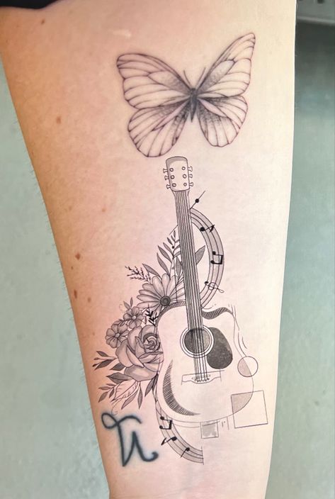 #butterfly #music #tattoo #musictattooideas #guitar Music With Flowers Tattoo, In Loving Memory Guitar Tattoos, Floral Guitar Tattoo, Butterfly Music Tattoo, Guitar With Flowers Tattoo, Music Butterfly Tattoo, Papa Tattoo, Monarch Butterfly Tattoo, Music Notes Tattoo