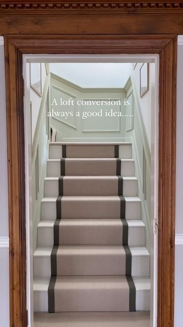 Jen on Instagram: "Loft views.... . These are the stairs up to our loft extension. When we bought the house this was an unventilated box room with literally just a shower in and a ceiling covered with mould. The perfect space to get rid of and add extra wide stairs to the loft conversion we did - the extra width stairs make it feel like a second floor of the house rather than a loft conversion and would highly recommend if you're thinking of the same and have the space to go wide on the stairs. Wide Stairs, Loft Extension, Upstairs Hallway Ideas, Eaves Storage, Box Room, Large Door, Upstairs Hallway, Hallway Design, Loft Conversion