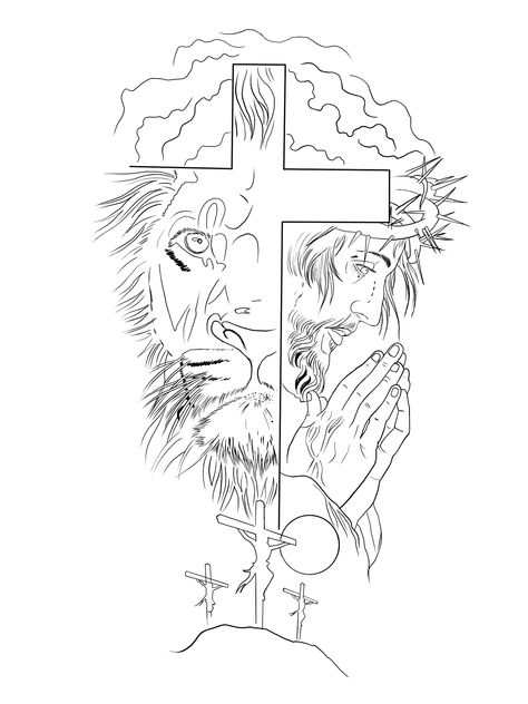 Jesus Lion Tattoo, Lion Cross Tattoo, Faith Tattoo Designs, Jesus Tattoo Design, Half Sleeve Tattoo Stencils, Jesus Art Drawing, Celtic Tattoo Designs, Biblical Tattoos, Harry Potter Art Drawings