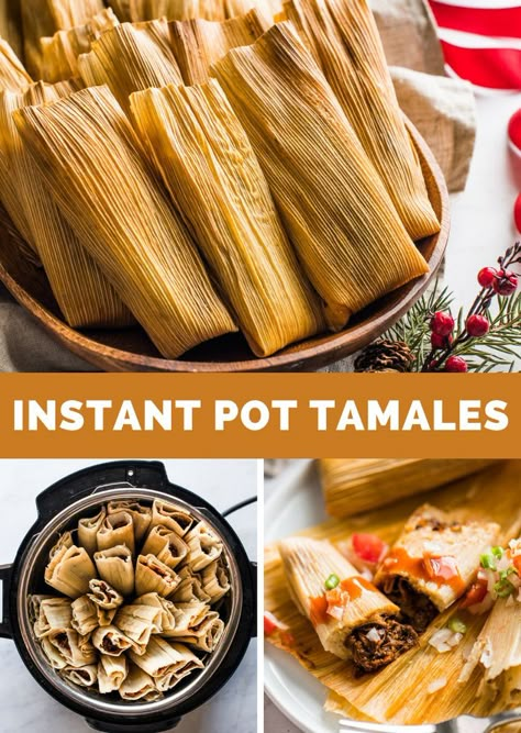 These Instant Pot Tamales are filled with tender pork in a red chile sauce. Thanks to being cooked in an Instant Pot pressure cooker, they’re done in only half the time compared to the usual preparation on the stove! Get this easy recipe here. #tamales #instantpot How To Cook Tamales, Instant Pot Tamales, Easy Tamales Recipe, Homemade Tamales Recipe, Easy Tamales, Isabel Eats, Homemade Tamales, Pork Tamales, Red Chile Sauce