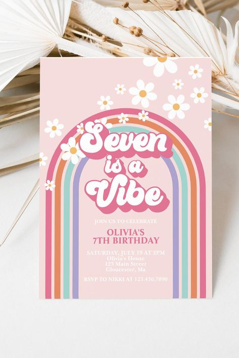 Retro Rainbow Seven is a Vibe 7th Birthday Invitation Sweet Sassy And Seven Birthday Party, Sassy And Seven Birthday Party, 7 Is A Vibe Birthday Party, 7 Is A Vibe Birthday, Sweet Sassy And Seven Birthday, Vibe Birthday Party, 7th Birthday Invitation, Five Is A Vibe, 5th Birthday Invitation