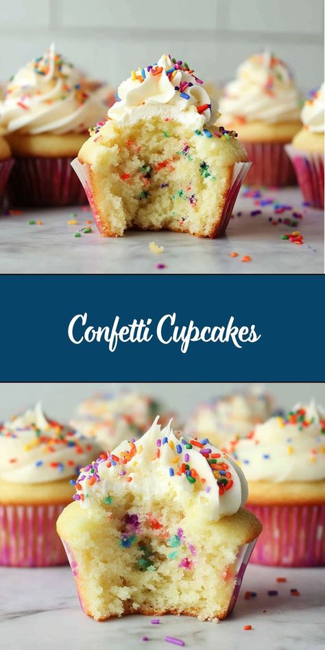 Confetti Cupcakes are the ultimate celebration treat, bursting with colorful sprinkles and classic vanilla flavor. These moist, fluffy cupcakes are easy to make and perfect for birthdays, holidays, or any time you want to add a little fun to your dessert table. Topped with creamy buttercream frosting, they’re as delightful to eat as they are to look at! Vanilla Sprinkle Cupcakes, Easy Cupcake Decorating Ideas For Kids, Easy Homemade Cupcakes, Girly Cupcakes Birthday, Cupcake Designs Birthday, Best Icing For Cupcakes, Kids Cupcakes Ideas, Sprinkle Desserts, Cupcake Flavor Ideas