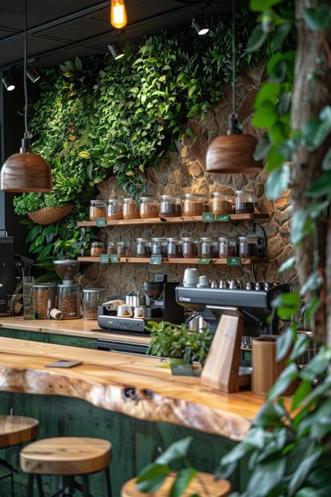 29 Coffee Bar Styling Ideas for a Café-Inspired Space - My Elegant Home Natural Coffee Shop Interior Design, Nature Cafe Outdoor, Coffee House Design Interiors, Plant Coffee Shop Interior Design, Mediterranean Coffee Bar, Cafe And Bar Interior Design, Coffee Shop Seating Cozy, Coffee Plant Shop, Coffee Shop Set Up