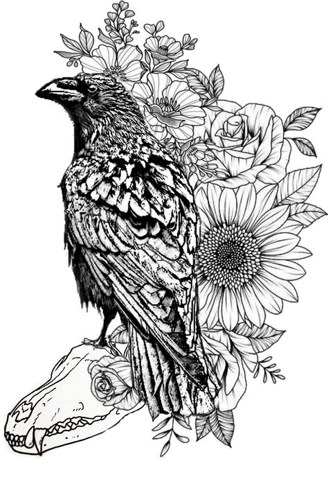 Womens Raven Tattoo, Crow Floral Tattoo, Raven Mountain Tattoo, Crow And Sunflower Tattoo, Raven And Sunflower Tattoo, Raven And Flowers Tattoo, Iridescent Raven Tattoo, Female Raven Tattoo, Raven Hip Tattoo