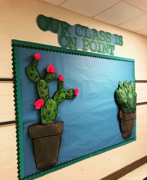 Succulent bulletin board 3d Bulletin Board Cactus, Desert Theme Preschool Bulletin Boards, Cactus Theme Room Ideas, Bulletin Board Plant Theme, Cactus Classroom Bulletin Board, Bulletin Board Succulent, Desert Theme Classroom Decorations, Country Bulletin Board Ideas, Boletin Board Ideas Decoration