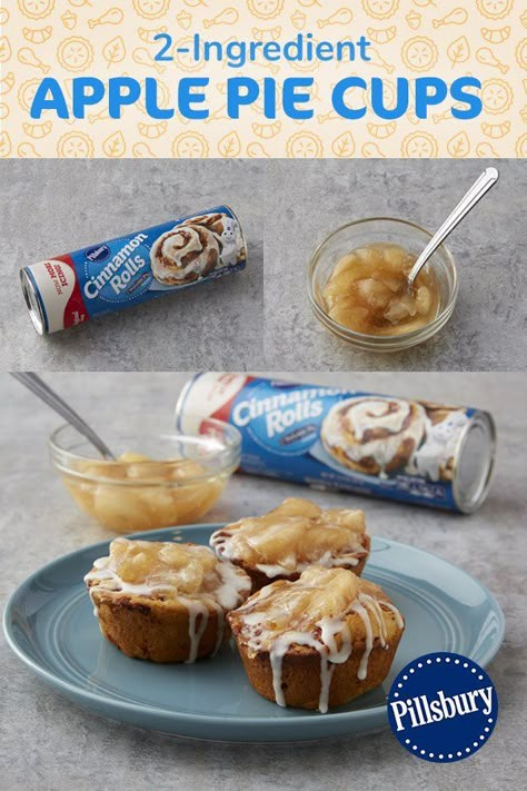 Yes, you can make tasty apple pie cups with just two ingredients! All you need are a can of Pillsbury™ refrigerated cinnamon rolls and apple pie filling. Apple Cups, Apple Pie Cups, Pie Cups, Pillsbury Recipes, Easy Apple Pie, Two Ingredient, Apple Pie Filling, Apple Pie Recipes, 2 Ingredient