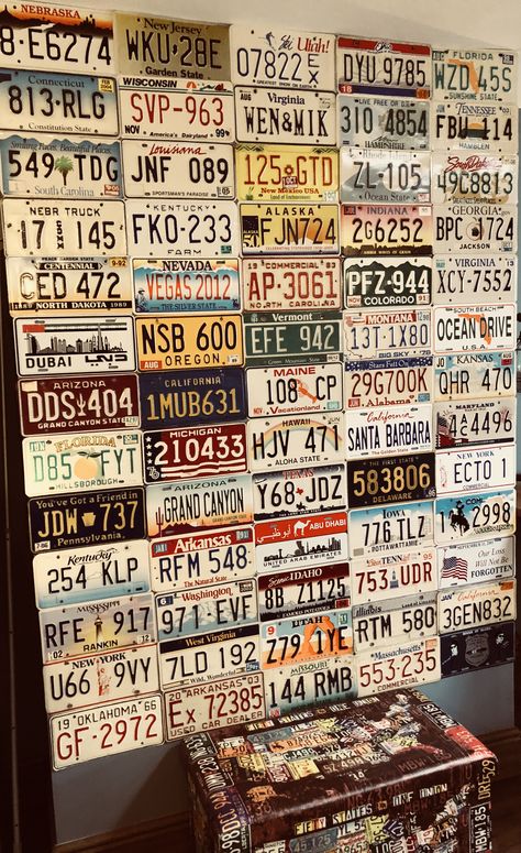 Plate Number Aesthetic, License Plate Collection, Vintage License Plates Decor Wall Art, License Plate On Wall, License Plate Wall Decor Bedroom, Licence Plate Wall, Number Plate Aesthetic, License Plate Display Ideas, License Plate Decor Wall Art