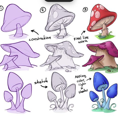 Mushroom Drawing Tutorial, Halloween Sketchbook, Mitch Leeuwe, How To Draw Animals, رسم كاريكاتير, Cartoon Mushroom, Maya Art, Mushroom Drawing, Concept Art Tutorial