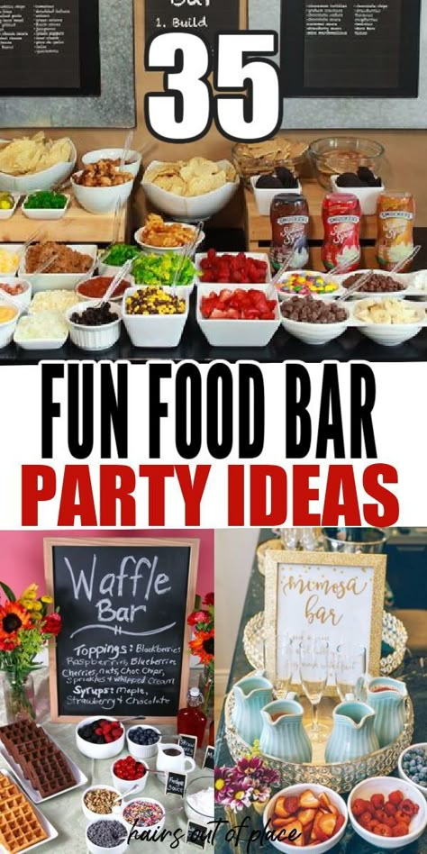 Discover 35 easy and fun food bar ideas for parties! Perfect for birthday, wedding, or graduation celebrations or other types of party food ideas. Easy Foods For Birthday Parties, Food Ideas For 40 People, Chip Table For Party, Party Food That Feeds A Lot Of People, 30 People Party Food, Fun Party Food Themes, Bday Party Menu Food Ideas, Meal Ideas For Birthday Party, Meals For A Birthday Party