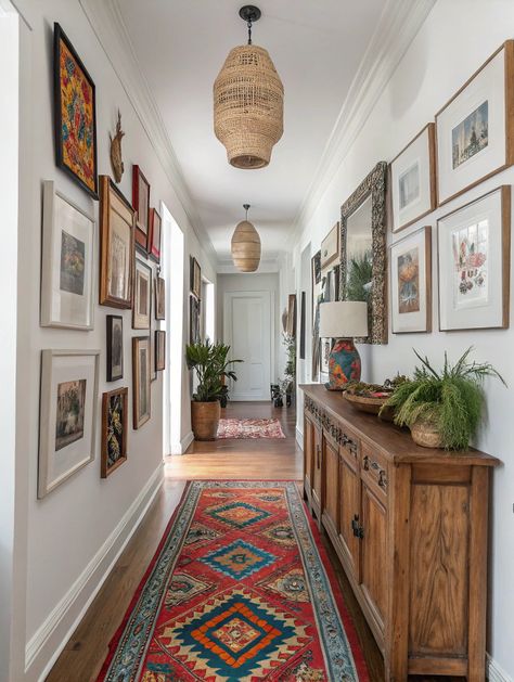 Boho hallway decor inspiration with an eclectic mix of colors and textures. This design includes ideas for creating a cozy, boho-style hallway with wall art and unique accents. Great for adding personality to any hallway or apartment entryway. Save this pin for your hallway design ideas! Small Hallways Ideas, Small Corridor Ideas, Cottage Hallway Ideas, Boho Hallway Decor, Bedroom Hallway Ideas, Boho Entryway Ideas, Narrow Entryway Ideas, Small Hallway Decor, Eclectic Entryway