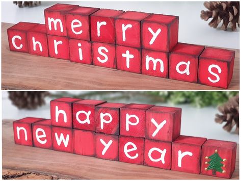 Small Wooden Blocks Craft Ideas, Christmas Blocks Wooden Diy, Wood Cube Crafts, Wooden Cube Crafts, Wooden Block Crafts, Christmas Wooden Blocks, Christmas Wood Blocks, Painting Objects, Wooden Tiered Tray