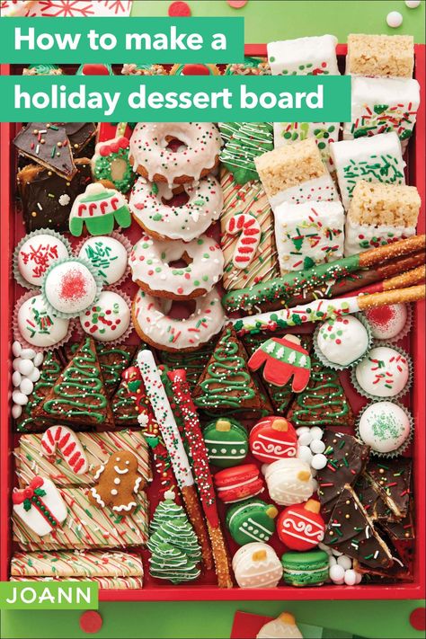 Holiday feasts shouldn't stop when dinner is over. Make this Christmas treat dessert tray, full of different sweet treats, and add wow to ho-ho-ho! Christmas Sweet Treat Boxes, Christmas Treat Board Ideas, Sweet Treat Box Ideas, Christmas Dessert Tray Ideas, Christmas Treat Board, Christmas Desert Board, Christmas Sweet Box Ideas, Dessert Tray Ideas, Christmas Cookie Tray Ideas