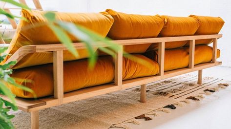 Platform Sofas Are the New Platform Beds | Architectural Digest Platform Sofa, Daybed Styles, Pop And Scott, Futon Cushions, Timber Slats, Diy Couch, Platform Beds, Diy Sofa, Wooden Bench