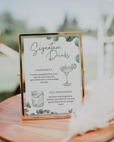 Signature Drinks reception sign, from some of our customers’ favourite collection: Eucalyptus Foliage 🌿 #signaturecocktails #signaturedrinks #weddingreceptiondecor #weddingstationeruk Drink Signs For Party, Drinks Sign Wedding, Signs For Party, Wedding Signature Cocktails, Ceremony Signage, Signature Wedding Drinks Sign, Wedding Drink Sign, Wedding Reception Signage, Newspaper Wedding Programs