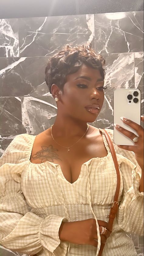 Black Women Blonde Pixie Haircut, Soft Pixie Haircut Black Women, Black Girls Pixie Hairstyles, Pixie With Bangs Black Women, Pixie Cut Wig Black Women, Styling Pixie Haircut Black Women, Pixie Cut Wigs For Black Women, Curly Pixie Black Women, Pixie On Round Face