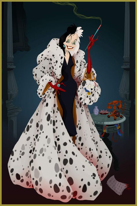 If Disney Villains Had Won - Cruella finally got enough Dalmatian furs to make the coat she always wanted. It's so nice to see dreams come true. Disney Movie Villains, Disney Amor, Cruella Deville, Images Disney, Film Disney, 101 Dalmatians, Lilo Stitch, Disney Films, Disney Villains