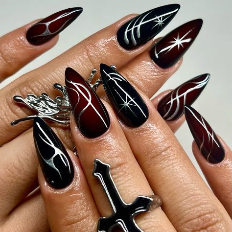 ⛓️🥀 . Inspo from @chibimoon.nails . @vbeautypure 048 @favai_official Airbrush @haenails @izemikorea Silver chrome gel . . #nails #nailart #nailinspo #naildesign #handdrawn #miami #miamigardens #miamilakes #hialeah #wynwood #doral #miramar #pembroke #nailtech #nailartist #gelx #gelextensions #apres #naturalnails #overlay #structuredmani #watchmework #beforeandafter #nailsofinstagram #305 #red #aura #black #chrome #edgy Red And Black Gel X Nails, Black With Silver Chrome Nails, Black And Red Airbrush Nails, Matte Black And Chrome Nails, Red And Silver Chrome Nails, Black And Red Chrome Nails, Black And Red Aura Nails, Red Black Silver Nails, Black And Chrome Nails Designs