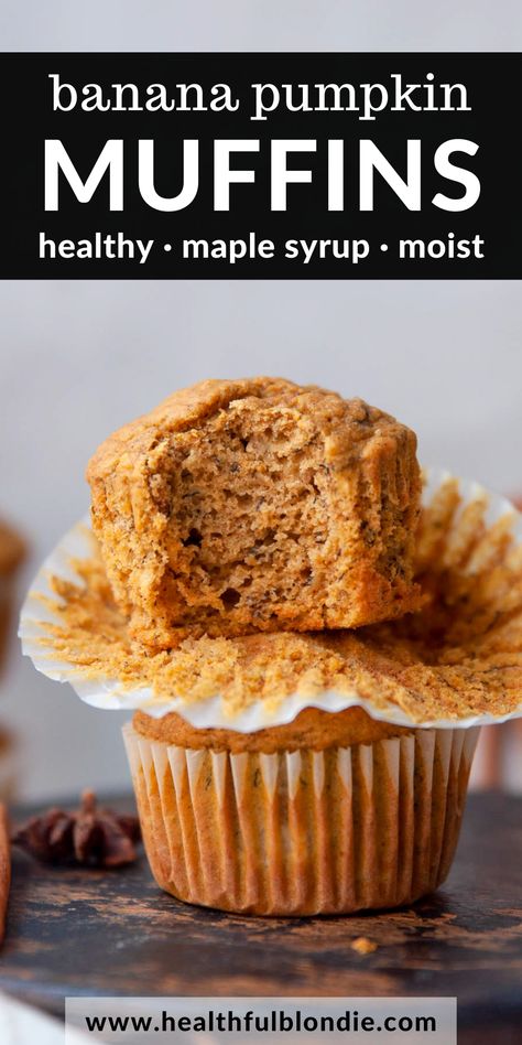 fluffy and moist banana pumpkin muffins Pumpkin Banana Yogurt Muffins, Banana Pumpkin Oat Muffins, Healthy Fall Breakfast Muffins, Pumpkin Spice Banana Muffins, Pumpkin Muffin Healthy, Pumpkin Banana Zucchini Muffins, Healthy Mini Pumpkin Muffins, Health Breakfast Muffins, Pumpkin Muffins No Oil