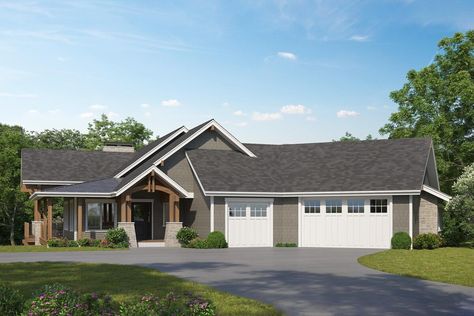 Single-Story 3-Bedroom Craftsman Ranch Home with Ample Outdoor Living Space and Optional Lower Level (House Plan) Open Island Kitchen, Parking Courtyard, Open Island, Contemporary Floor Plans, Craftsman Ranch, Courtyard Entry, Contemporary Craftsman, Roof Architecture, Safe Room