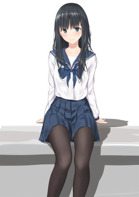 Original by Minagiku Sitting Pose Reference, Anime Skirts, Anime Uniform, Sitting Poses, Long Black Hair, Anime Drawings Tutorials, Human Art, Handsome Anime Guys