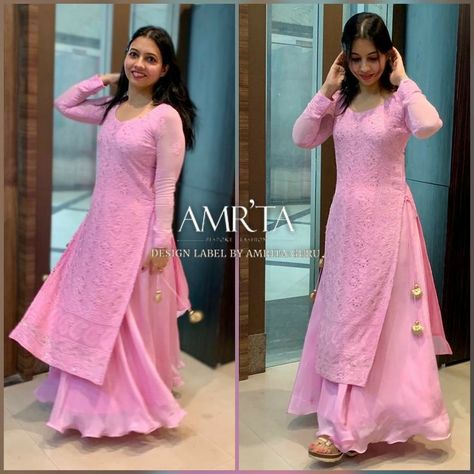 Pink Colour Dress Design, Deginer Kurti, Palazo Kurti, Plazzo Suit, Pink Colour Dress, Colour Party, Dress Design Ideas, Chicken Dress, Black Kurta