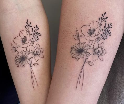 Flower Bouquet Tattoos For Women, Bouquet Of Flowers Tattoo Forearm, Flower Tattoo Matching, Siblings Flower Tattoo, Tulip And Daisy Bouquet Tattoo, Daffodil Daisy And Poppy Tattoo, Friend Flower Tattoo, Poppy And Daffodil Flower Tattoo, Trio Flower Tattoos