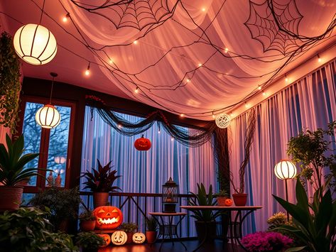 Halloween Ceiling Decor, Ceiling Decor Ideas, Halloween Ceiling, Fake Candles, Hanging Bat, Fake Pumpkins, Hanging Ghosts, Black Construction Paper, Christmas Mantle Decor