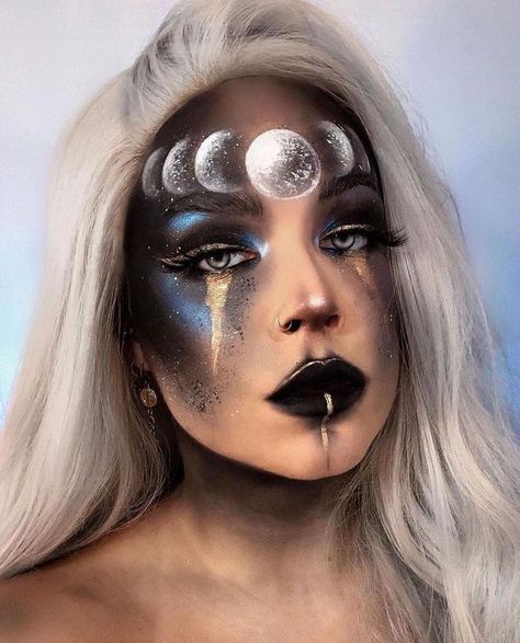 Nyx Goddess Makeup Looks, Celestial Goddess Makeup, Out Of This World Makeup Ideas, Creative Fantasy Makeup, Eclipse Makeup Ideas, Moon Goddess Makeup Halloween, Night Sky Makeup Look, Cosmic Witch Makeup, Full Moon Makeup