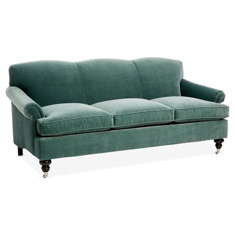 Kim Salmela - Joplin Sofa | One Kings Lane Green Chesterfield Sofa, English Roll Arm Sofa, Green Velvet Sofa, Velvet Couch, Furniture Logo, Green Sofa, Rolled Arm Sofa, White Furniture, Velvet Sofa