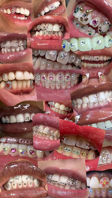 Collage of toothgem designs by various artists Colorful Tooth Gems Ideas, Fang Veneers, Colorful Grillz, Tooth Gens Inspi, Tooth Gems Design, Teeth Gens, Teeth Gems Ideas, Tooth Gems Aesthetic, Tooth Gem Placement