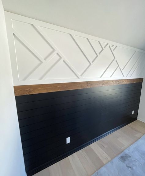 Wood Panel Walls Farmhouse, Paneling On Angled Wall, Black And White Shiplap Wall, Mudroom Accent Wall Ideas, Black Trim Accent Wall, Mountain Board And Batten Wall, Black Waynes Coating Ideas, Accent Wall Slanted Ceiling, Wall Branding Ideas