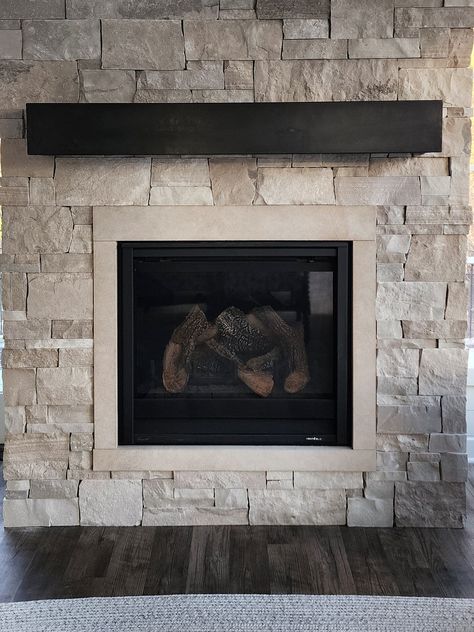 Steel Mantel Fireplace, Iron Mantle, Metal Mantle, Steel Fireplace, Metal Fireplace, Slate Stone, Fireplace Remodel, Fireplace Ideas, Home Fireplace