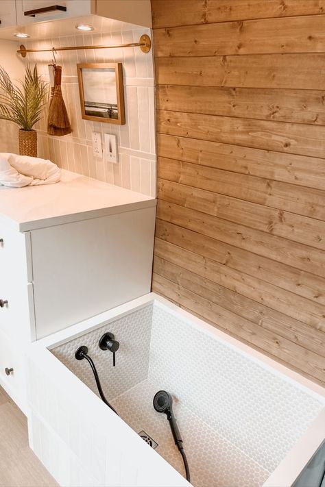 We built a shower that is typically set up as a bench. Camper Van Shower Ideas. Camper Van Ideas. Camper Van Interior. Camper Van DIY. Van Conversion Shower, Ideas Dressing Room, Camper Van Shower, Hidden Shower, Dressing Room Design Ideas, Caravan Van, Camper Interior Design, Van Conversion Interior, Diy Camper Remodel