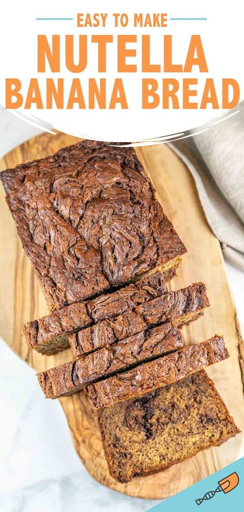 Take your bread to the next level with this Nutella Banana Bread! Swirling layers of chocolate hazelnut spread in a tender banana bread make for an amazing dessert or snack. Banana Bread With Nutella, Bread With Nutella, Nutella Banana Bread, How To Make Nutella, Banana Bread Loaf, Dessert Board, Banana Nutella, Moist Banana Bread, Chocolate Hazelnut Spread