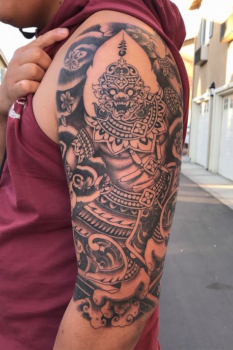 Cambodian Warrior Tattoo, Khmer Hanuman Tattoo, Cambodian Sleeve Tattoo, Thai Sleeve Tattoo, Cambodian Tattoo Khmer, Thai Tattoo Men, Laos Tattoos, Thai Buddha Tattoo, Neo Thai Tattoo