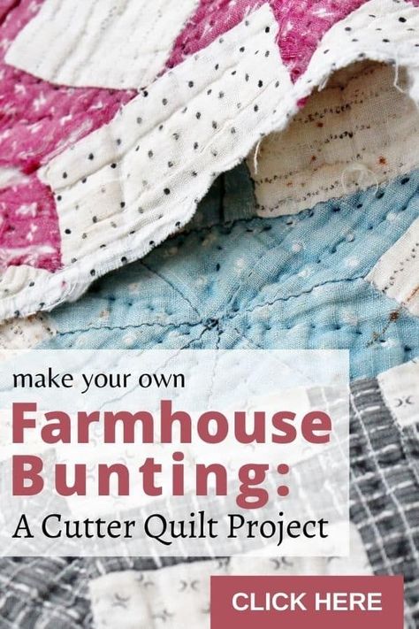 Make your own charming farmhouse style banner with an old tattered cutter quilt. Add warmth and cheer to your home or antique booth! #vintage #antique #quilt #DIY #bunting #banner #farmhousestyle Vintage Quilt Scrap Projects, What To Make Out Of Old Quilts, Old Quilt Projects, Old Quilts Repurposed Upcycle, Things Made From Old Quilts, Upcycle Old Quilts, Quilt Pieces Repurposed, Repurpose Old Quilts Upcycling Ideas, Things To Make Out Of Old Quilts