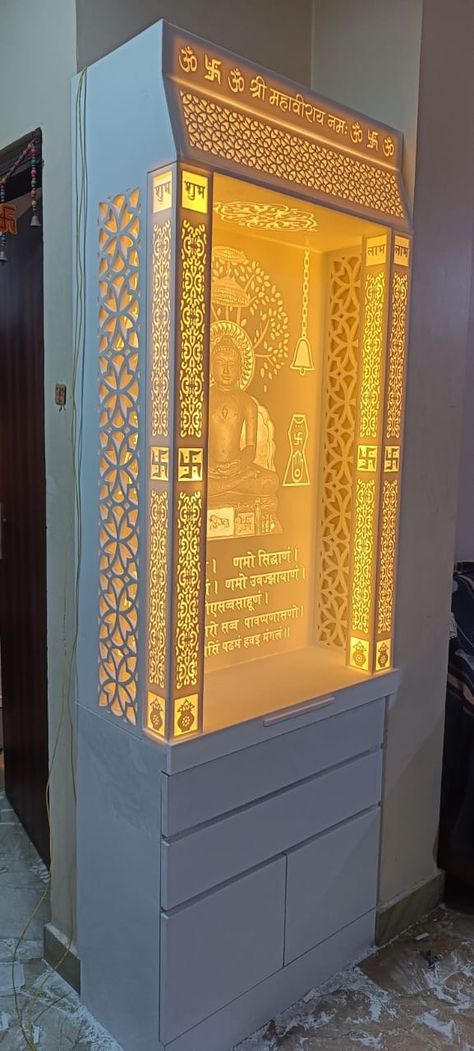 Temple In Home, Backlit Panel, Pooja Door, Pooja Unit, Pooja Door Design, Mandir Design, Temple Design For Home, Jain Temple, Wardrobe Door Designs