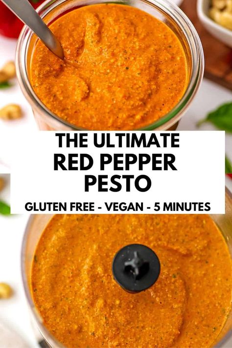 Red Pepper Pesto is so flavorful and easy to make. This roasted red pepper pesto is great for meal prep and freezes well. This recipe is vegan, gluten free, dairy free, paleo and Whole30 friendly. This pesto is a great alternative to pasta sauce if you can't have tomato. Bell Pepper Pesto Recipe, Roasted Red Pepper Pesto Pasta, Canned Roasted Red Peppers Recipes, Vegan Roasted Red Pepper Sauce, Red Pesto Pasta Recipes, Pesto Alternative, Roasted Red Pepper Recipes, Red Pesto Recipe, Red Pepper Pesto Recipe