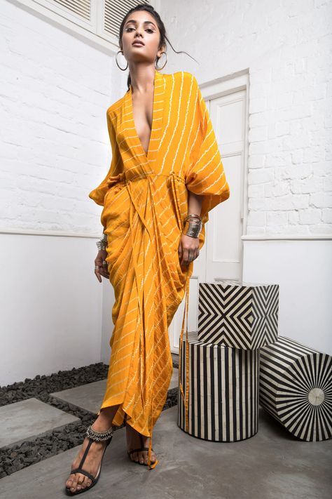 Drape Dresses Indo Western, Nupur Kanoi, Yellow Striped Dress, Haldi Outfit, Resort Chic, Drape Maxi Dress, Maxi Dress For Women, New Address, Cruise Wear