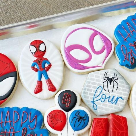 Utah Custom Royal Icing Cookies on Instagram: "Spidey and His Amazing Friends!! 🕷🕸🤟🏼🌃 . . . #cookies #royalicing #royalicingcookies #victoriascookiecompany #customsugarcookies #sugarcookies #utahcustomcookies #utahbaker #utahroyalicingcookies #decoratedcookies #cookieart #satisfying #mouthwatering #cookiedecorating #utahcookies #birthdaycookies #eventcookies #utahcountycookies #spideycookies #spidermancookies #spiderman #spideyandhisamazingfriendscookies #spideyandhisamazingfriends #superhe Spidey And His Amazing Friends Birthday Cookies, Spidey And Friends Cookies Decorated, Ghost Spider Cookies, Spidey And Friends Cookies, Spidey And His Amazing Friends Cookies, Gwen Spiderwoman, Avengers Cookies, Friends Cookies, Spidey Party