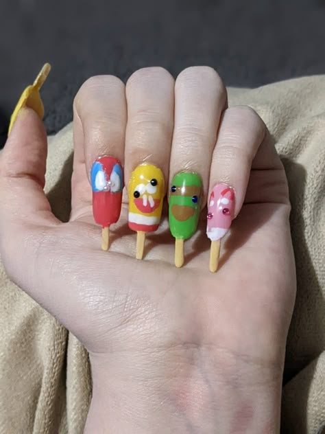 Hot Dog Nail Art, Melted Ice Cream Nails, Cheeto Nails, Weirdcore Nails, Weird Nail Ideas, 90s Ice Cream, Popsicle Nails, Hope Scope, Swaggy Nails