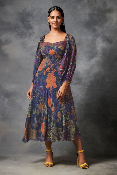 Blue Viscose Georgette Floral Print Flared Dress with Sweetheart Neck and Balloon Sleeves Brown Long Dress, Long Flared Dress, Designer Lehengas, Dress With Floral Print, Georgette Dress, Flared Dress, Tube Dress, Sweetheart Neck, Floral Midi Dress