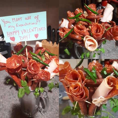 Meat And Cheese Bouquet Diy, Meat Bouquet For Him, Diy Meat Bouquet, Food Bouquet For Him, Meat Bouquet, Neoclassical Building, Valentine 2024, Valentines Day Husband, Meat Gifts