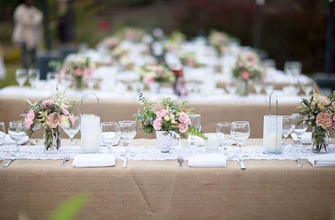 8 ft Burlap Tablecloth, Candy Crush Events on Etsy White Flower Centerpieces, Burlap Tablecloth, Custom Table Cloth, Wedding Table Linens, Burlap Table, Wedding Tablecloths, Table Overlays, Pink Wedding Dress, Lace Table Runners