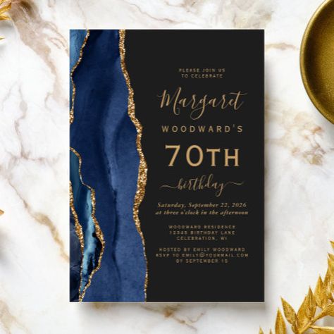 $2.80 | Navy Blue Gold Agate Dark 70th Birthday Party #elegant, chic, watercolor agate geode, handwriting script, gold faux glitter, navy blue, 70th birthday party, seventy years, slate black dark, trendy modern Navy Blue Party Decorations, Blue Birthday Themes, Fancy Wedding Invitations, Elegant Birthday Invitations, Navy Blue Party, Modern Birthday Party, Blue Party Decorations, 70th Birthday Party, Blue Birthday Parties