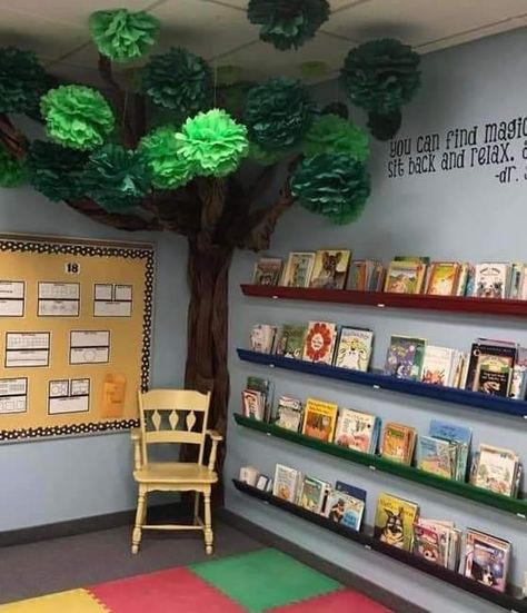 Tree Reading Corner Classroom, Forest Classroom, Reading Corner Classroom, Montessori Kindergarten, Reading Display, Sunday School Rooms, Reading Tree, Library Center, Preschool Classroom Decor