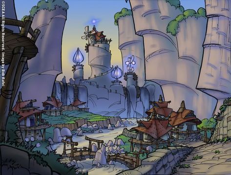 Lake Village Jak And Daxter Concept Art, Legacy Illustration, Village Concept Art, Jak And Daxter, Gaming Aesthetic, Jak & Daxter, Village Art, Lake Village, Skylanders