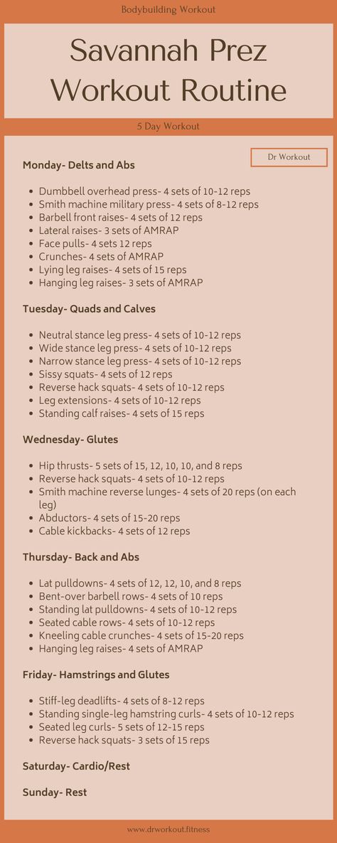 Savannah Prez’s Workout Routine Ladies Workout Plan, 5 Day Gym Workout Plan, Savannah Prez, Gym Workout Plan, 5 Day Workouts, Ladies Workout, Hanging Leg Raises, Workout Gym Routine, Gym Workout Plan For Women